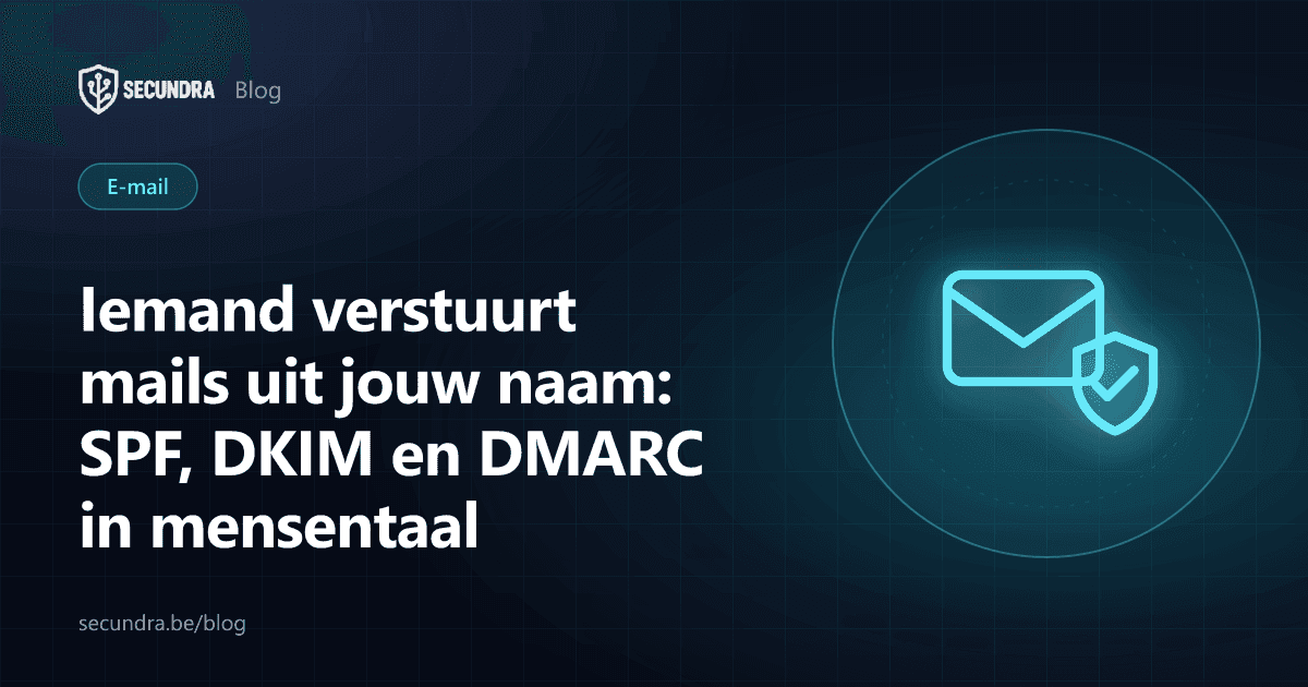Illustratie van een envelop met zegel en vinkje, thema e-mailspoofing