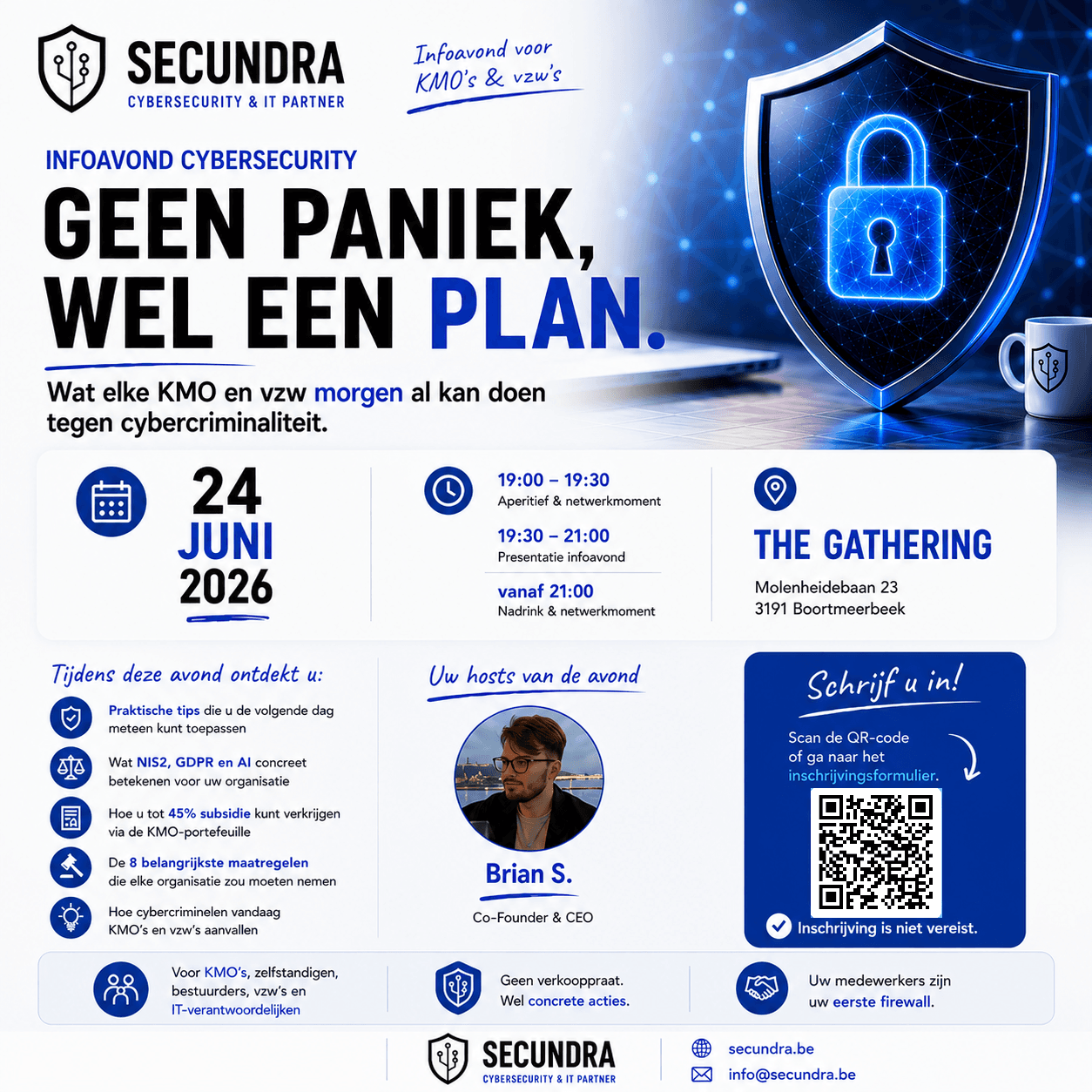Affiche infoavond cybersecurity Secundra, Geen paniek wel een plan, 24 juni 2026 in Boortmeerbeek